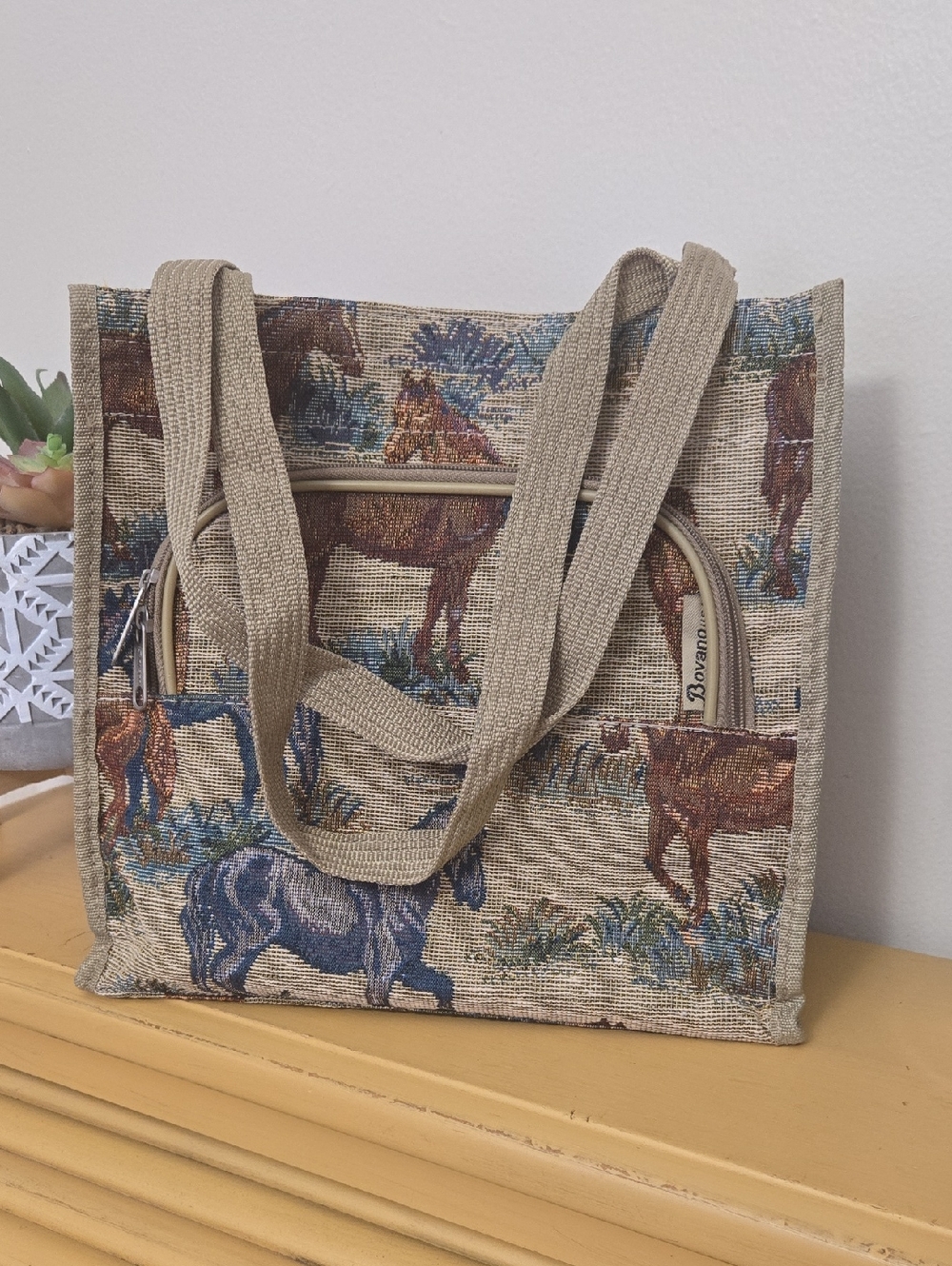 Bovano USA Tapestry Western Tote Bag. Equestrian Print. Used.